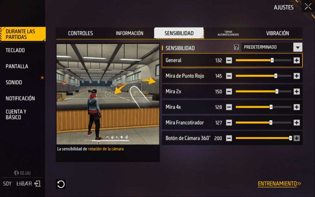 Sensibilidad Free Fire para Honor 400 Lite configurada dentro del juego