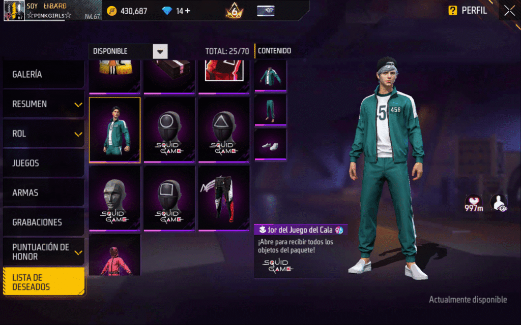 skin del jugador 456 del Juego del Calamar dentro de Free Fire