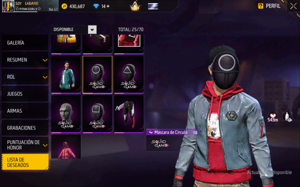 skin de la máscara con el círculo Del Juego del Calamar dentro de Free Fire