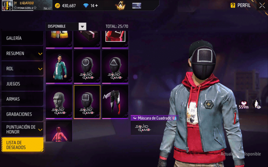 skin de la máscara con el cuadrado Del Juego del Calamar dentro de Free Fire